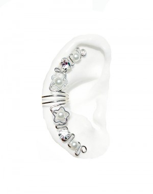 White Flower - Ear Cuff Wrap with Pearls and Rhinestones
