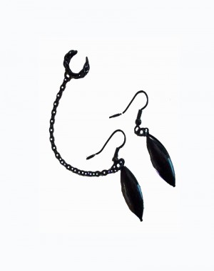 Raven - Black Earrings Chained to Ear Cuff