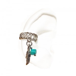 Hipster Bohemian Ear Cuff Tribal Gypsy Oxidized Feather Turquoise Bead Charm